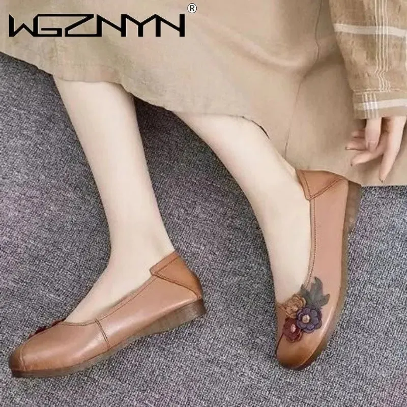 2023 Vintage Floral Ballet Flats Women's Genuine Leather Shallow Shoes Mom Driving Loafers Ladies Retro Cozy Moccasins Sneakers