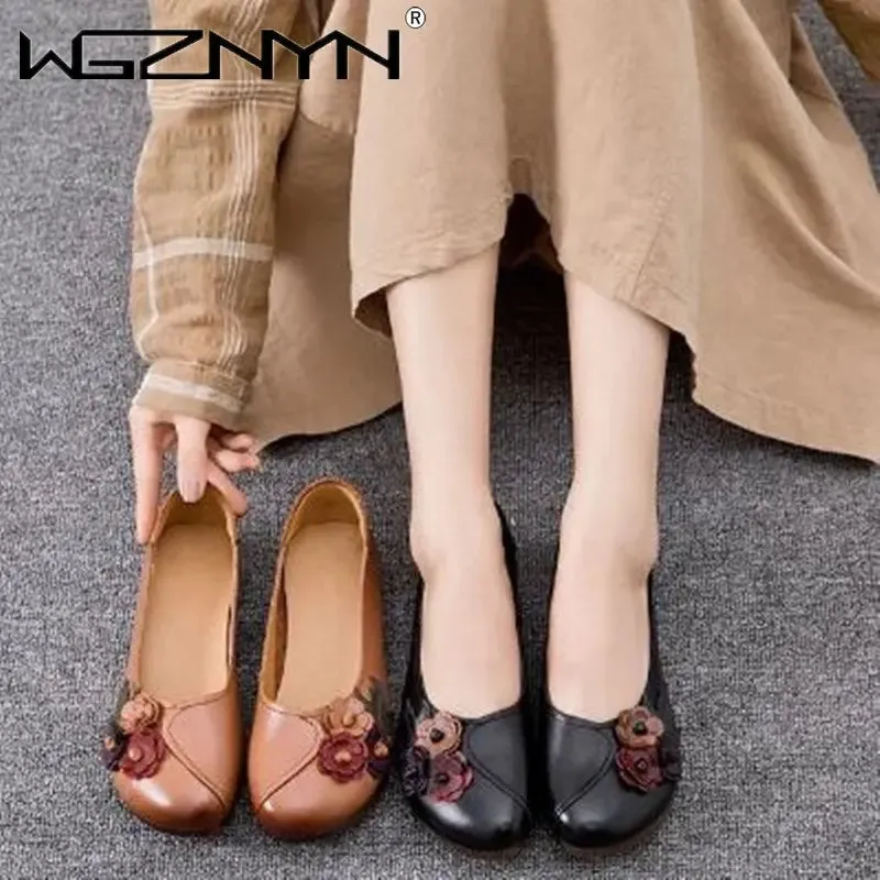 2023 Vintage Floral Ballet Flats Women's Genuine Leather Shallow Shoes Mom Driving Loafers Ladies Retro Cozy Moccasins Sneakers