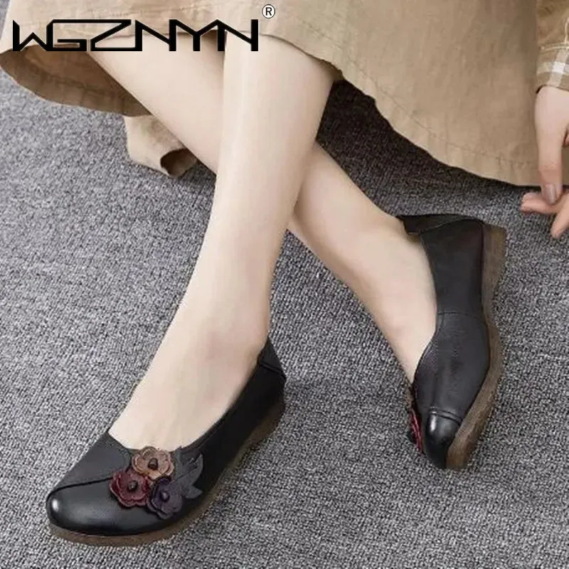 2023 Vintage Floral Ballet Flats Women's Genuine Leather Shallow Shoes Mom Driving Loafers Ladies Retro Cozy Moccasins Sneakers