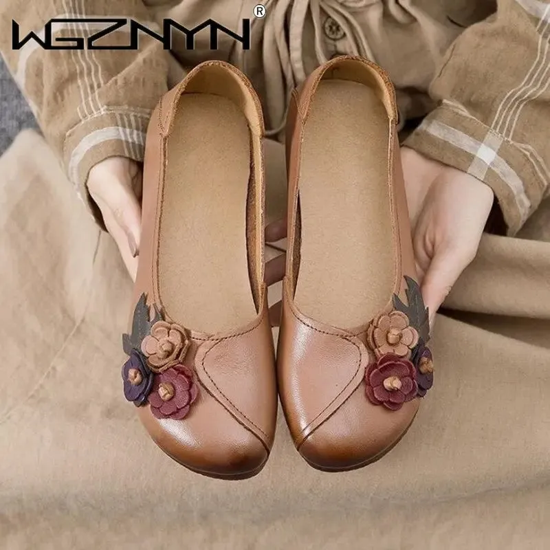 2023 Vintage Floral Ballet Flats Women's Genuine Leather Shallow Shoes Mom Driving Loafers Ladies Retro Cozy Moccasins Sneakers
