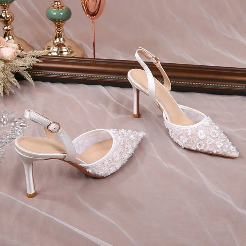 2025 Summer Lace Beaded Wedding Shoes Back Strap High Heels Bridesmaid Sandals For Women French Party Heels