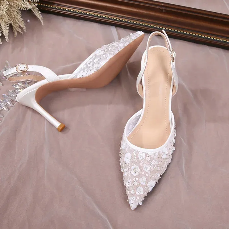 2025 Summer Lace Beaded Wedding Shoes Back Strap High Heels Bridesmaid Sandals For Women French Party Heels