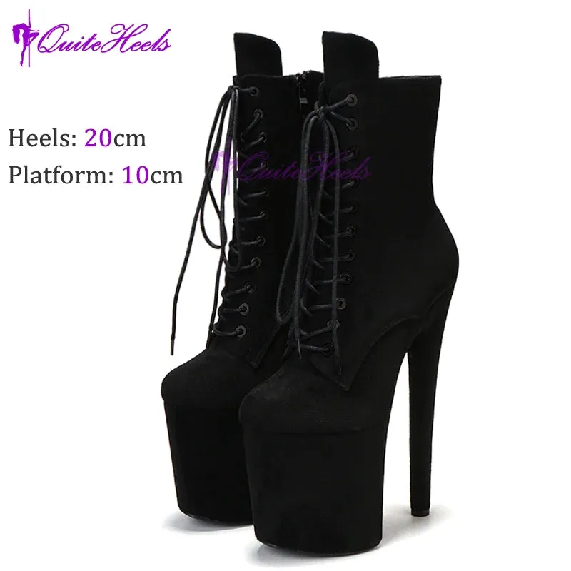 20cm Sexy Black Platform Pole Dance Shoes Stripper Heels Suede Ankle Boots High Heels Laces Round Toe Low Leg