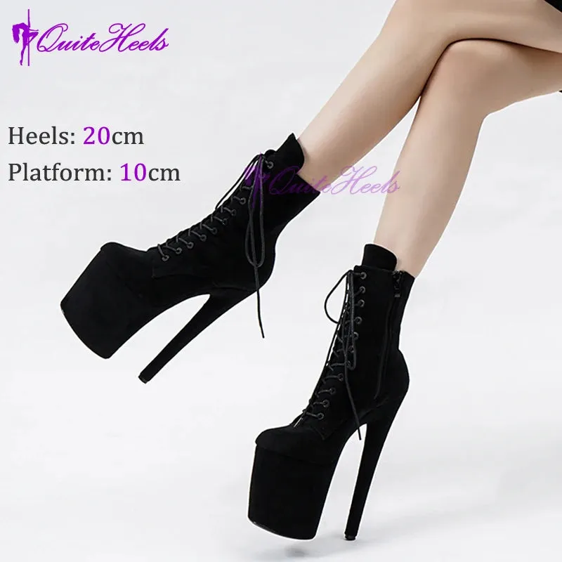 20cm Sexy Black Platform Pole Dance Shoes Stripper Heels Suede Ankle Boots High Heels Laces Round Toe Low Leg