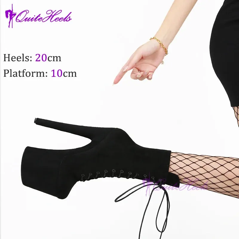 20cm Sexy Black Platform Pole Dance Shoes Stripper Heels Suede Ankle Boots High Heels Laces Round Toe Low Leg