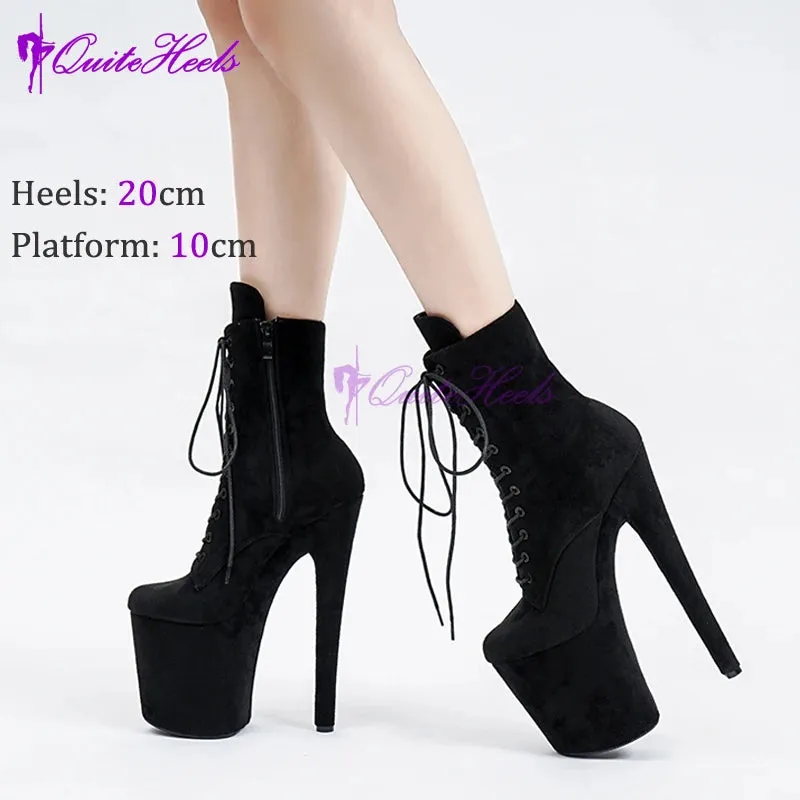 20cm Sexy Black Platform Pole Dance Shoes Stripper Heels Suede Ankle Boots High Heels Laces Round Toe Low Leg