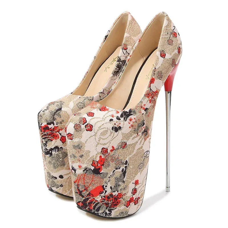 30 22 19cm Ultra High Metal Thin Heels Cosplay Lace Flowers Pumps Wedding Shoes