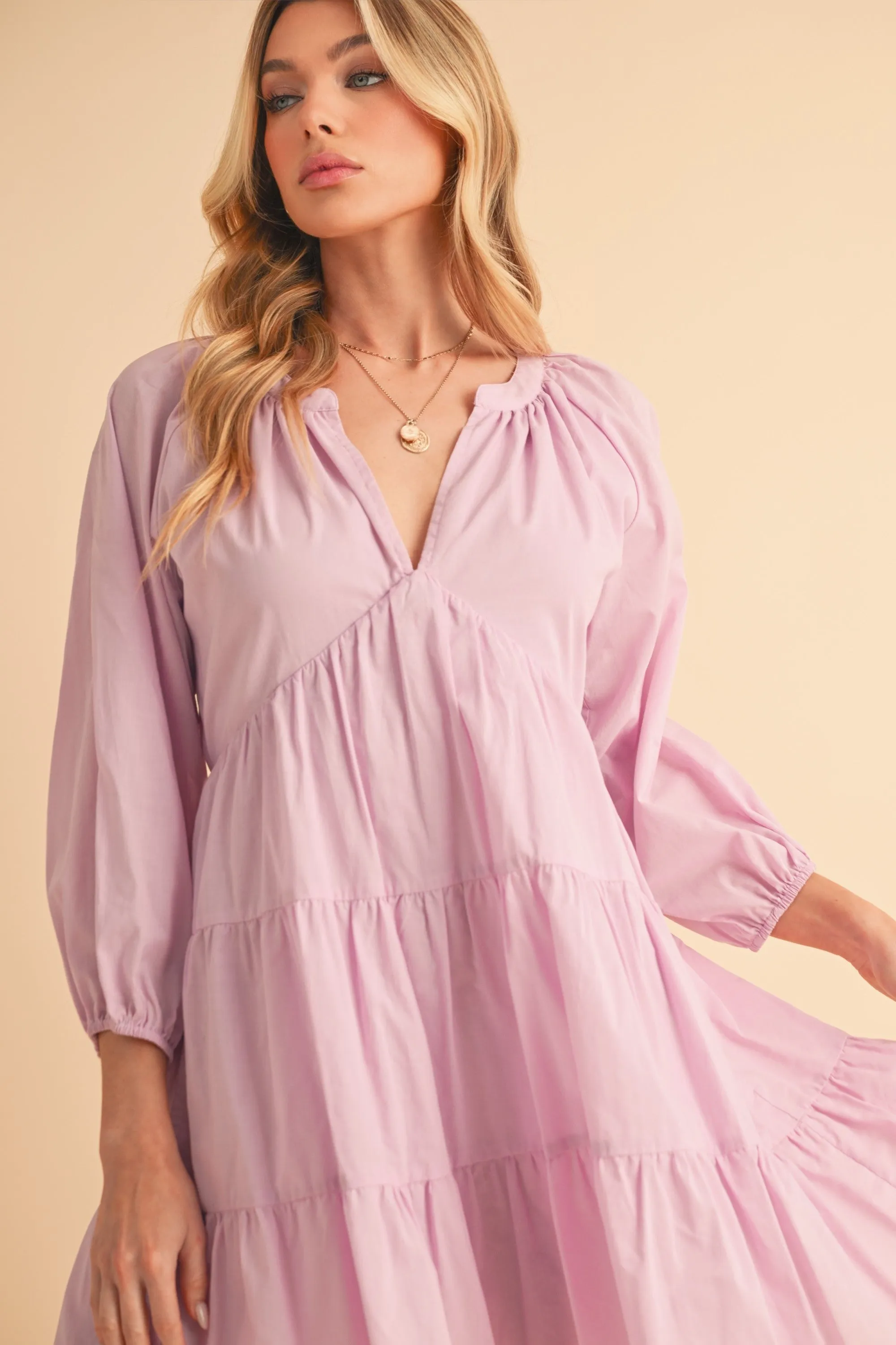 AEMI   CO NOTCHED BALLON SLEEVE TIERED MINI DRESS
