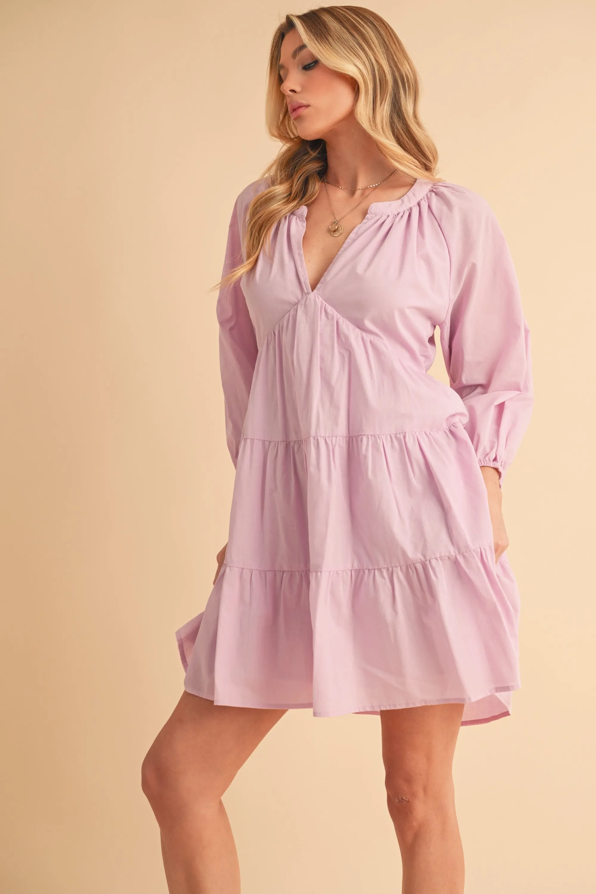 AEMI   CO NOTCHED BALLON SLEEVE TIERED MINI DRESS