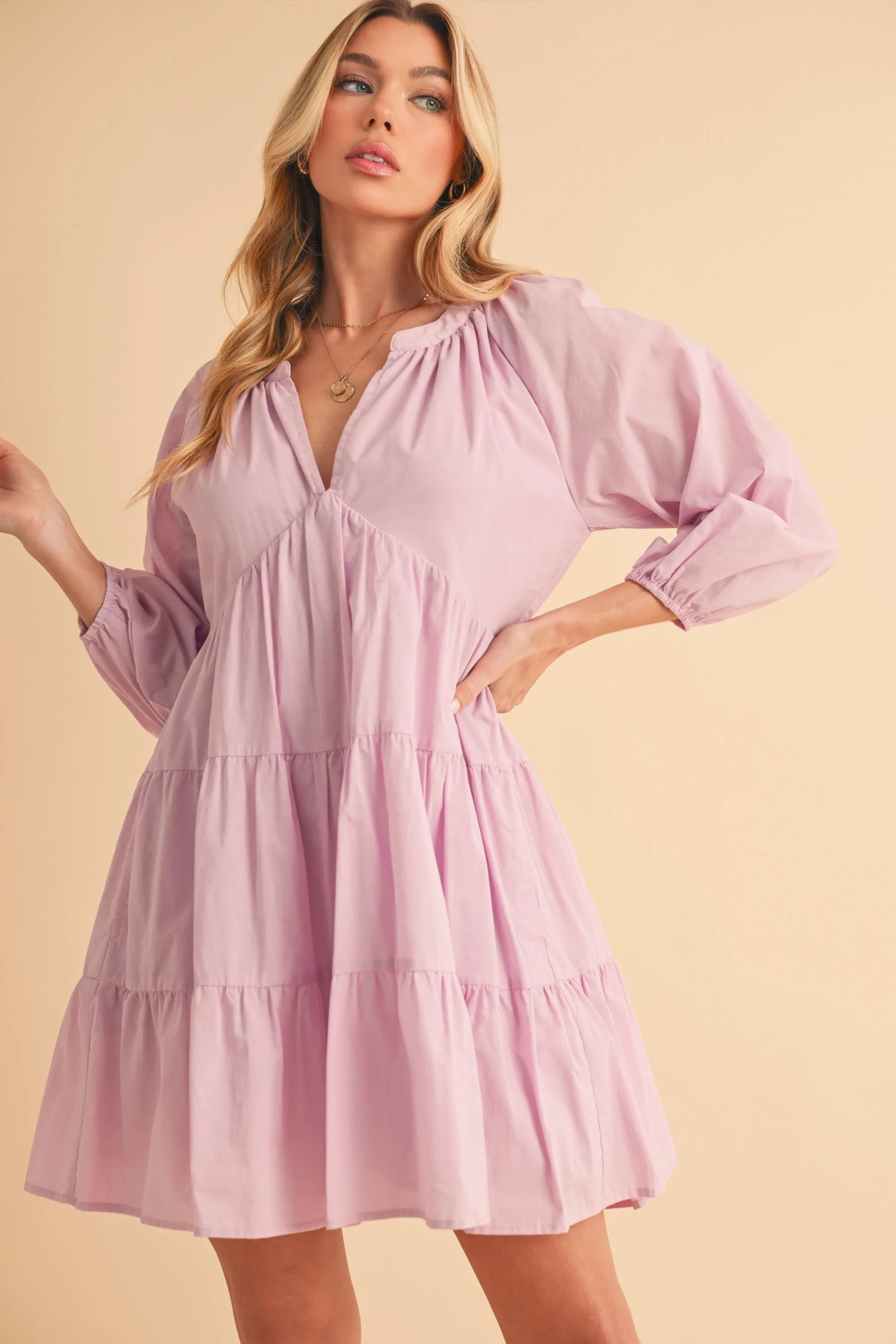 AEMI   CO NOTCHED BALLON SLEEVE TIERED MINI DRESS
