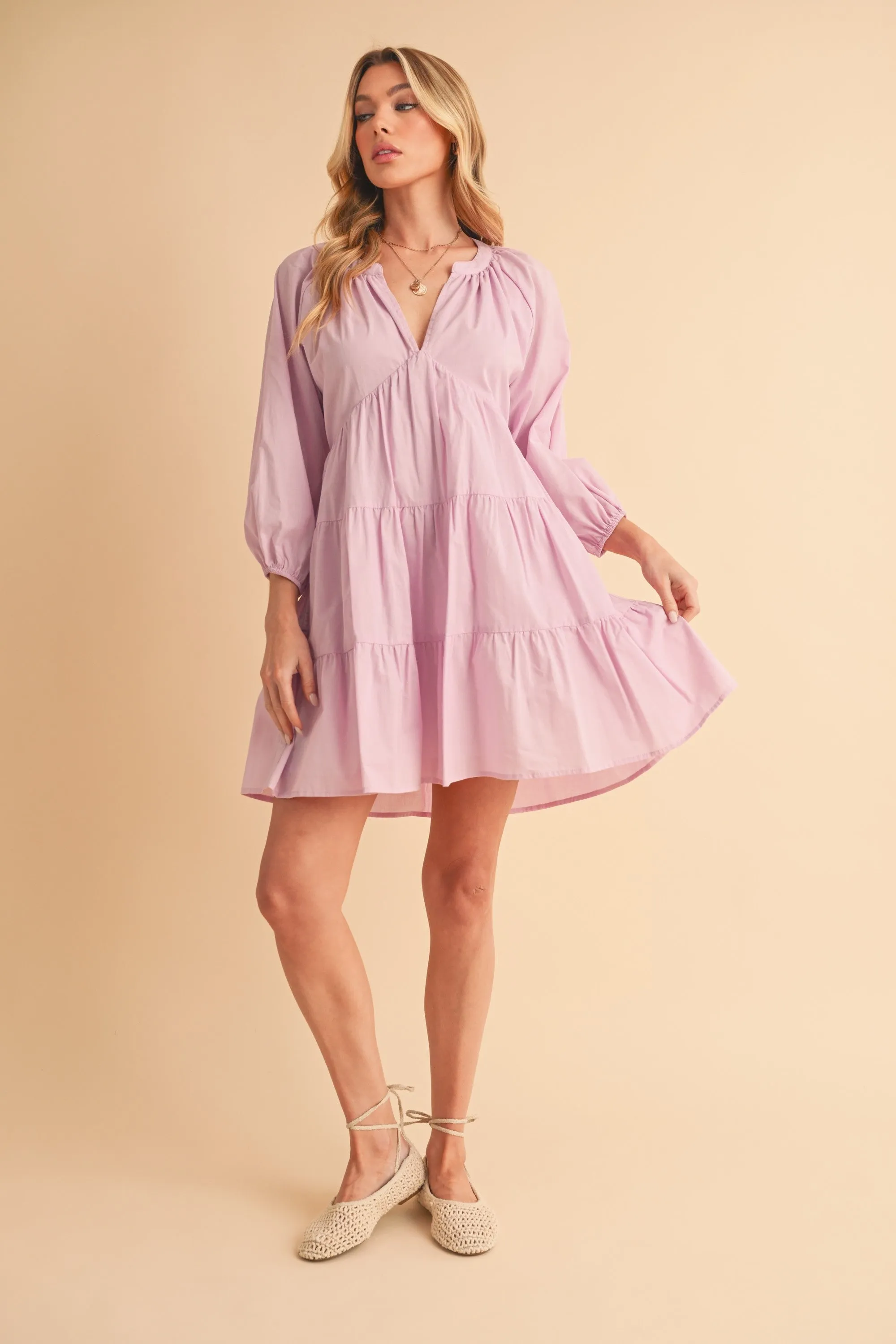 AEMI   CO NOTCHED BALLON SLEEVE TIERED MINI DRESS