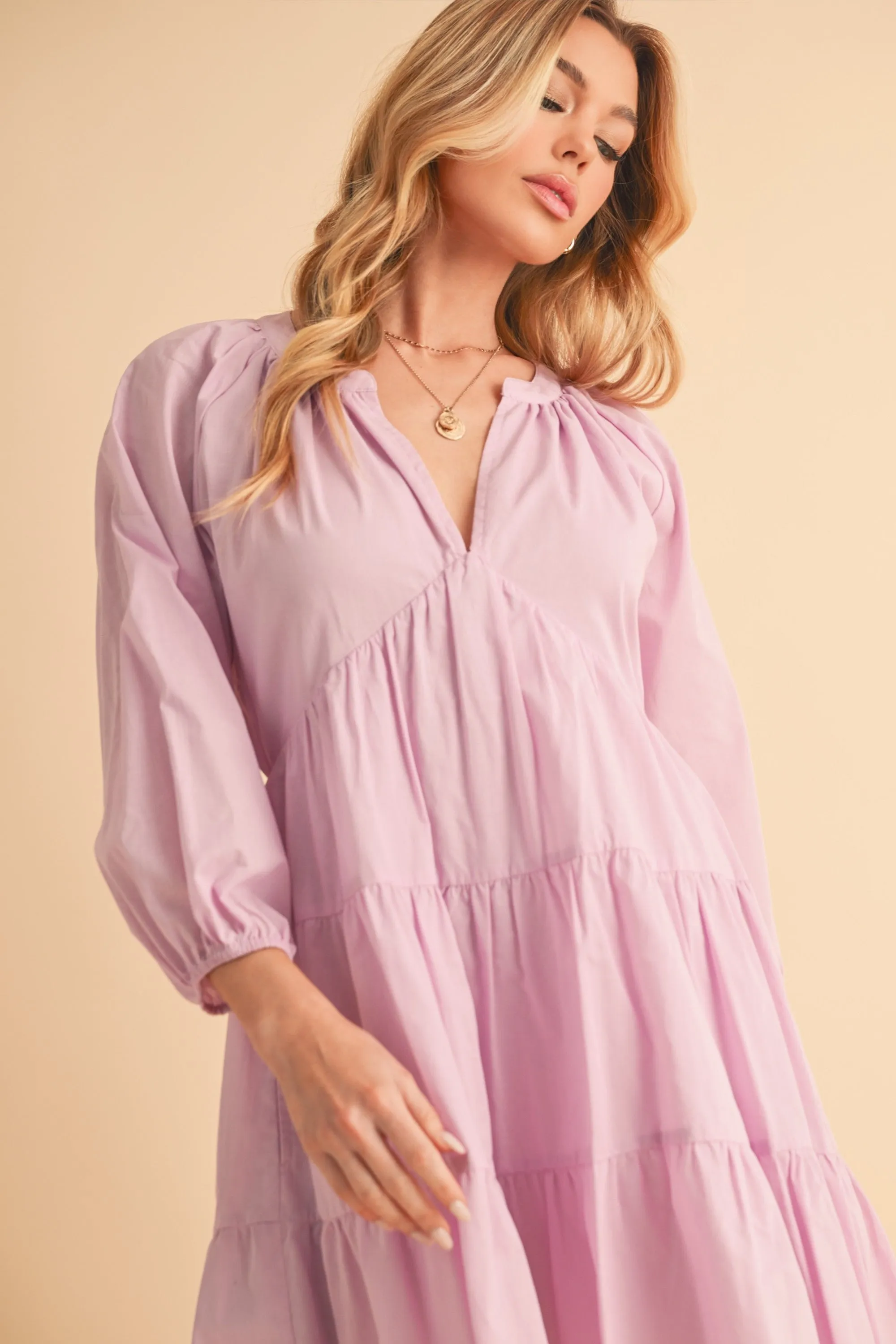 AEMI   CO NOTCHED BALLON SLEEVE TIERED MINI DRESS
