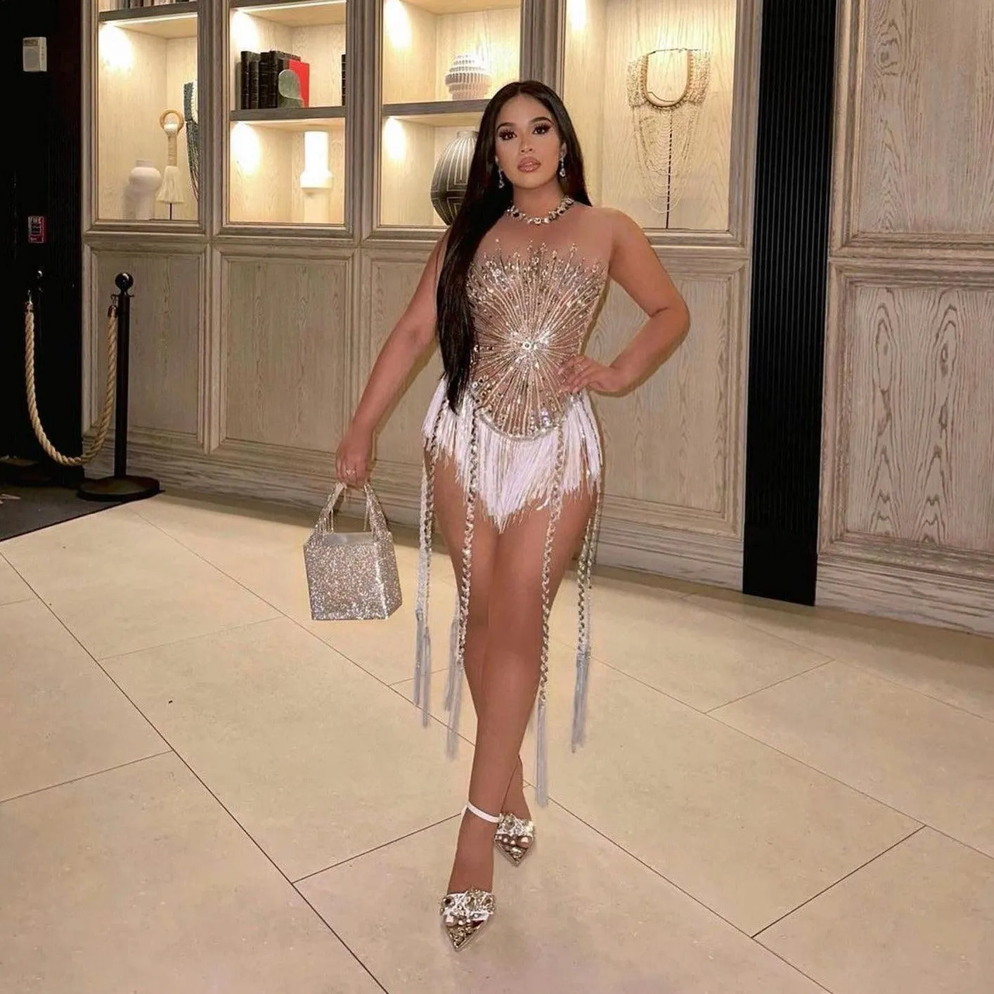 All About The Shine Crystal Fringe Bodysuit