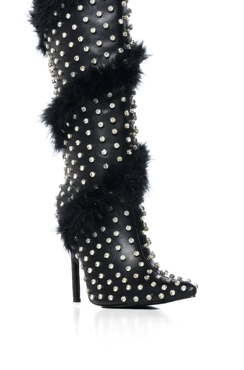 AZALEA WANG GARDENIA FEATHER EMBELLISHED BOOT IN BLACK