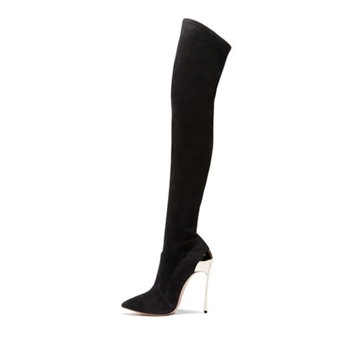 Black Pointed Toe 5 Inch Stiletto Heel Thigh High Boots