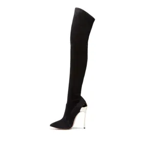 Black Pointed Toe 5 Inch Stiletto Heel Thigh High Boots