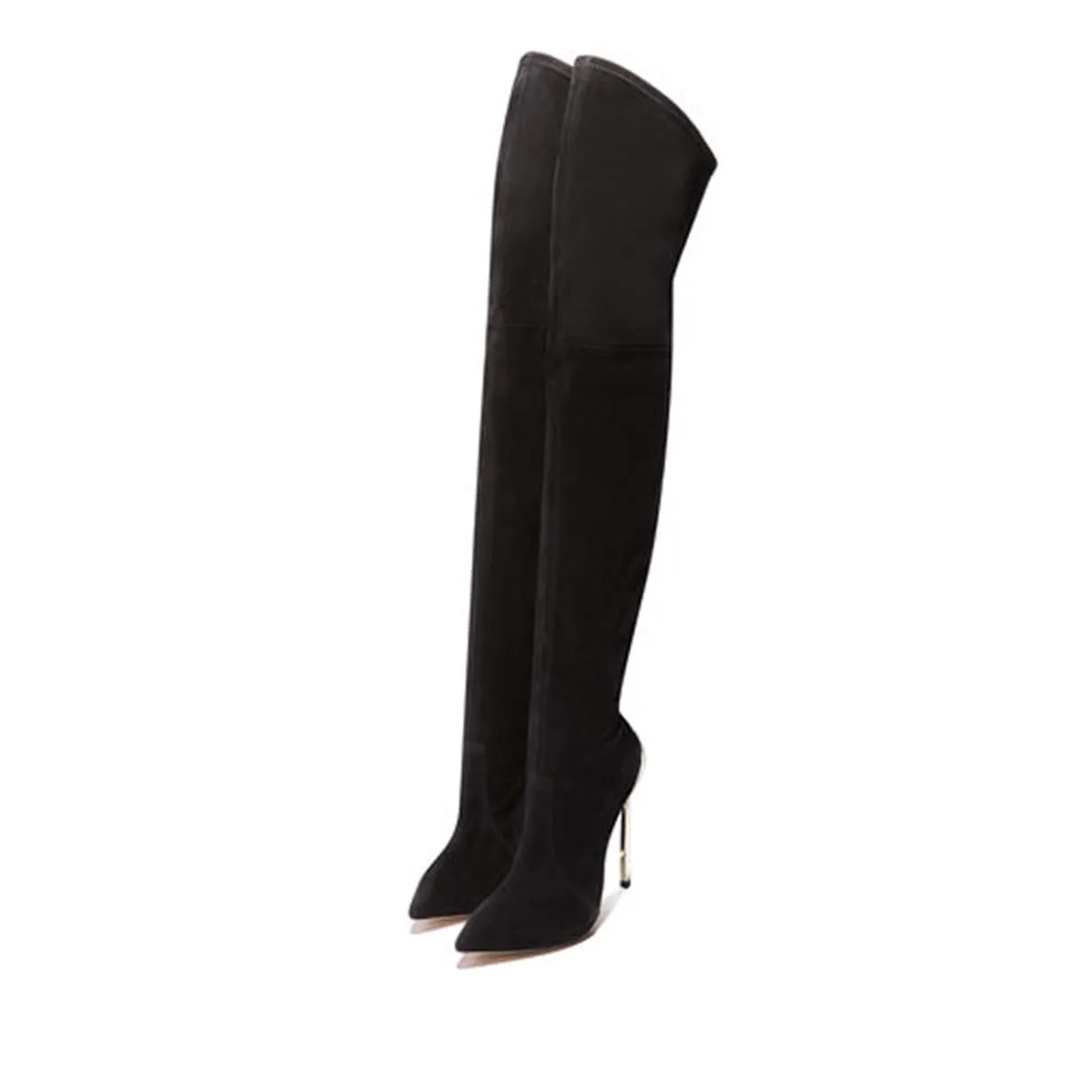 Black Pointed Toe 5 Inch Stiletto Heel Thigh High Boots