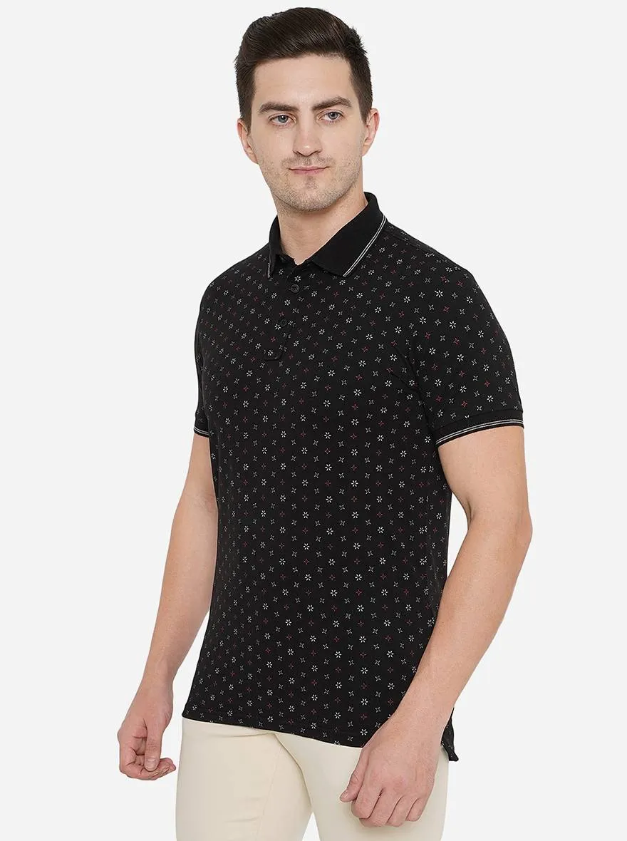Black Printed Slim Fit Polo T-Shirt | JadeBlue