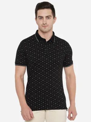 Black Printed Slim Fit Polo T-Shirt | JadeBlue
