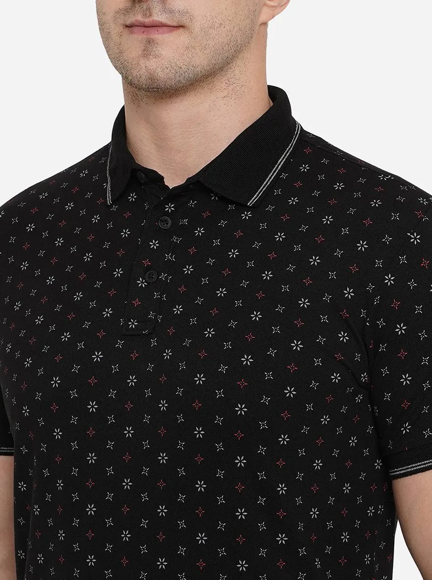 Black Printed Slim Fit Polo T-Shirt | JadeBlue
