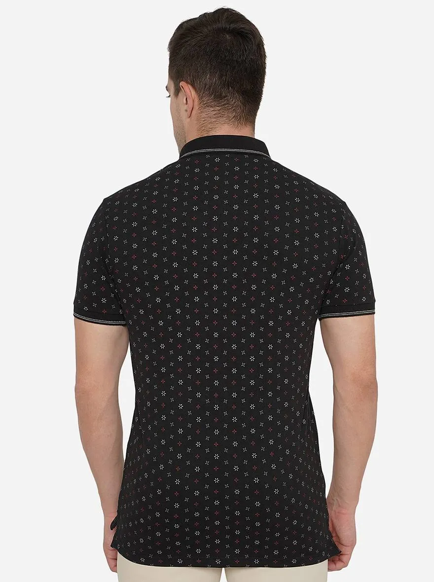 Black Printed Slim Fit Polo T-Shirt | JadeBlue