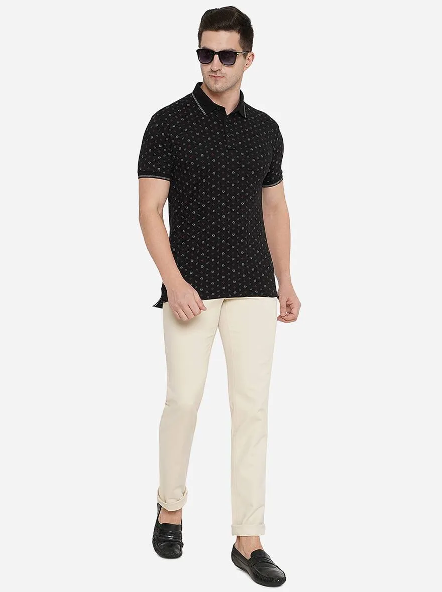 Black Printed Slim Fit Polo T-Shirt | JadeBlue