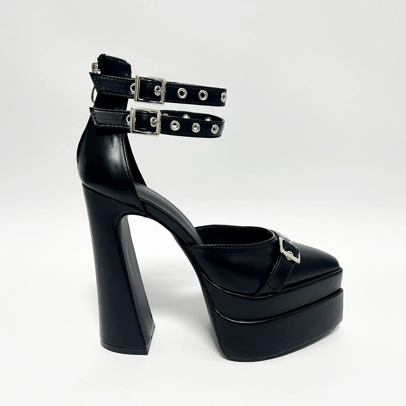 Black White Rivet Belt Buckle 15cm Double Waterproof Platform Shoes Heels
