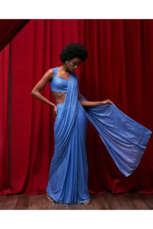 Blue Net Crystal Embellished Pre-Stitched Saree Set