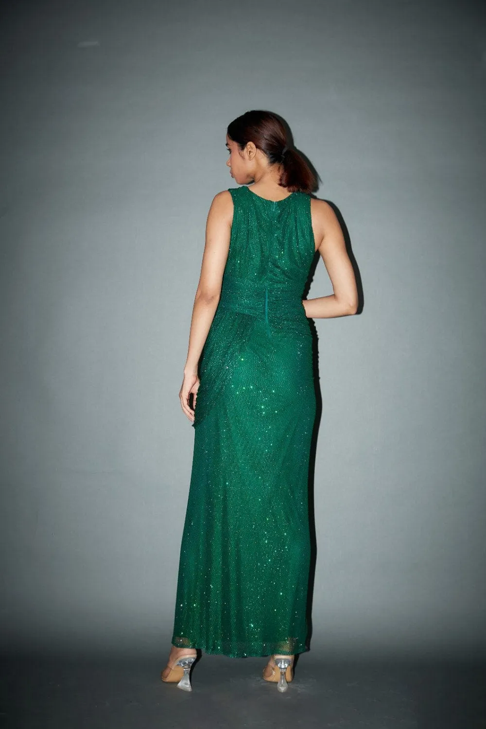 Bottle Green Net Crystal Embellished Gown