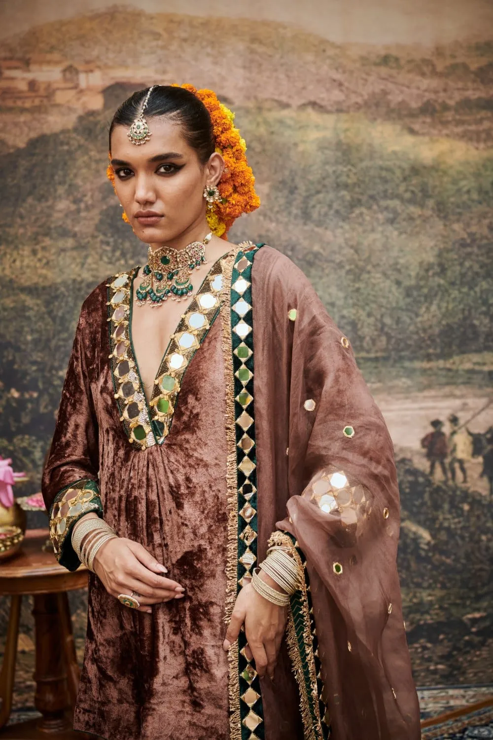 Brown Velvet Mirror Embroidered Kurta Set