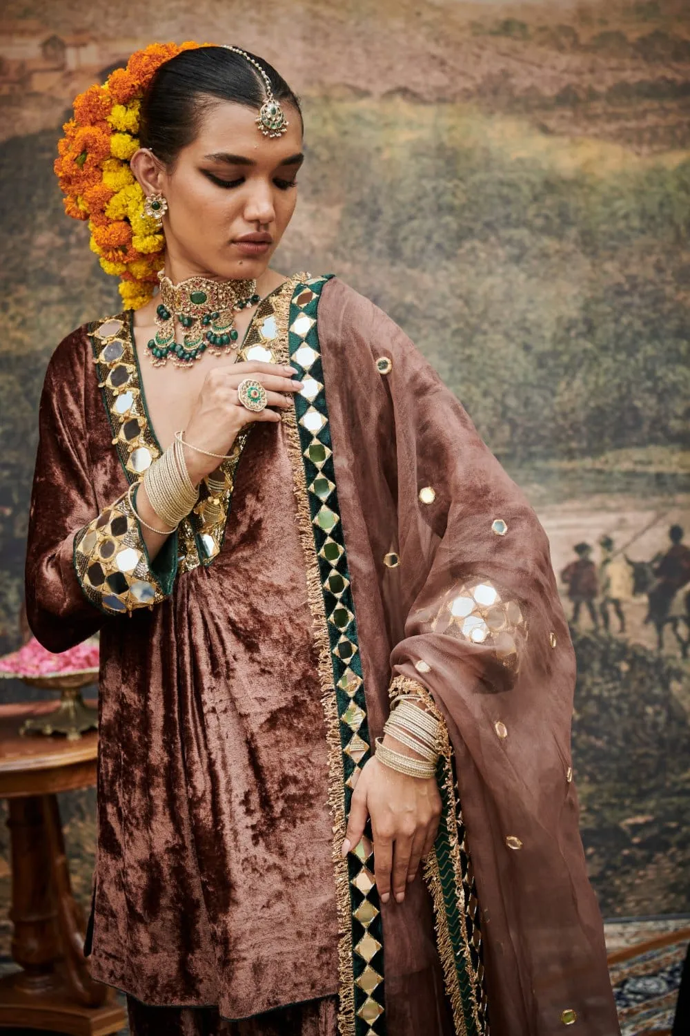 Brown Velvet Mirror Embroidered Kurta Set