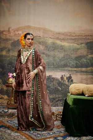 Brown Velvet Mirror Embroidered Kurta Set
