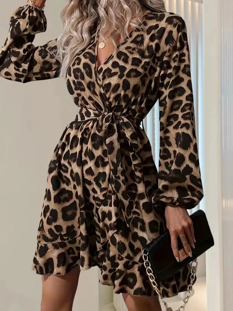 Chic Elegant V-Neck Lantern Sleeve Leopard Print Dress for a Bold Yet Sophisticated Look