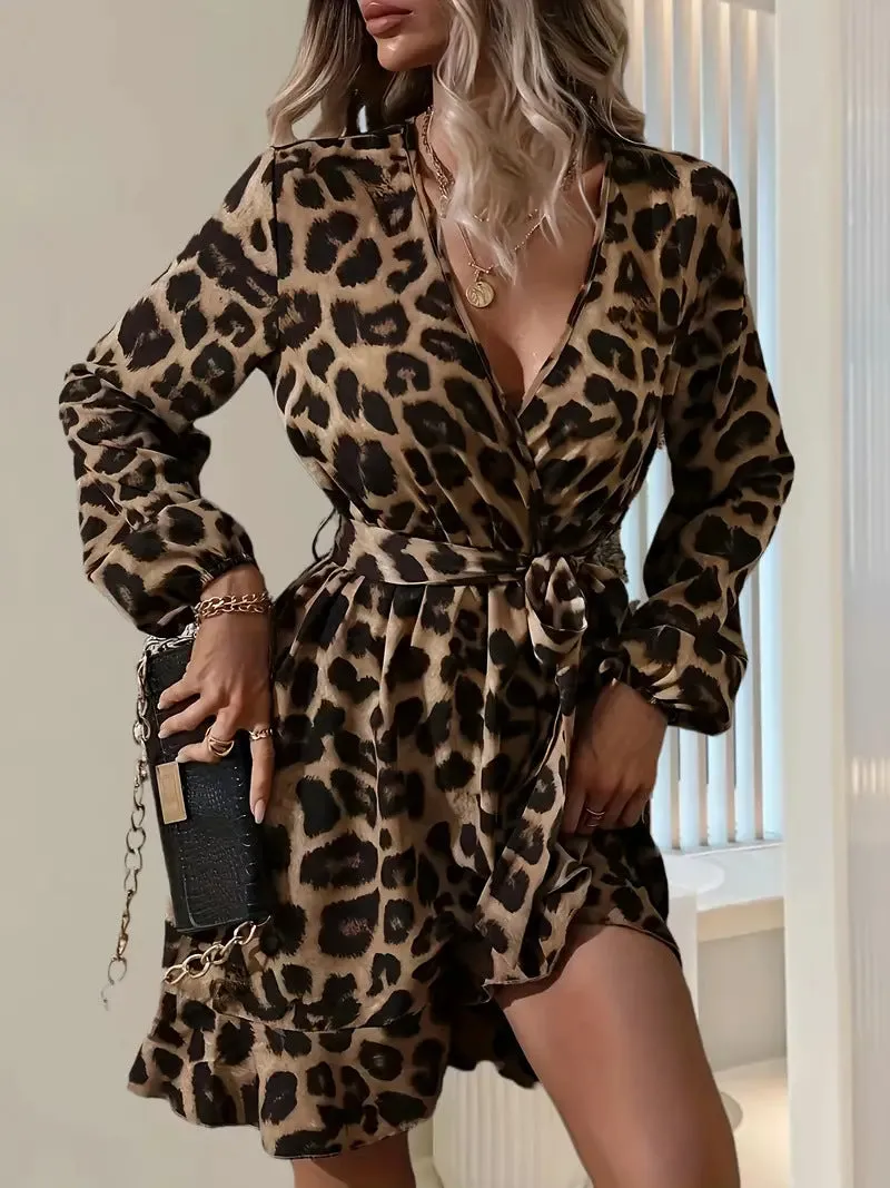 Chic Elegant V-Neck Lantern Sleeve Leopard Print Dress for a Bold Yet Sophisticated Look