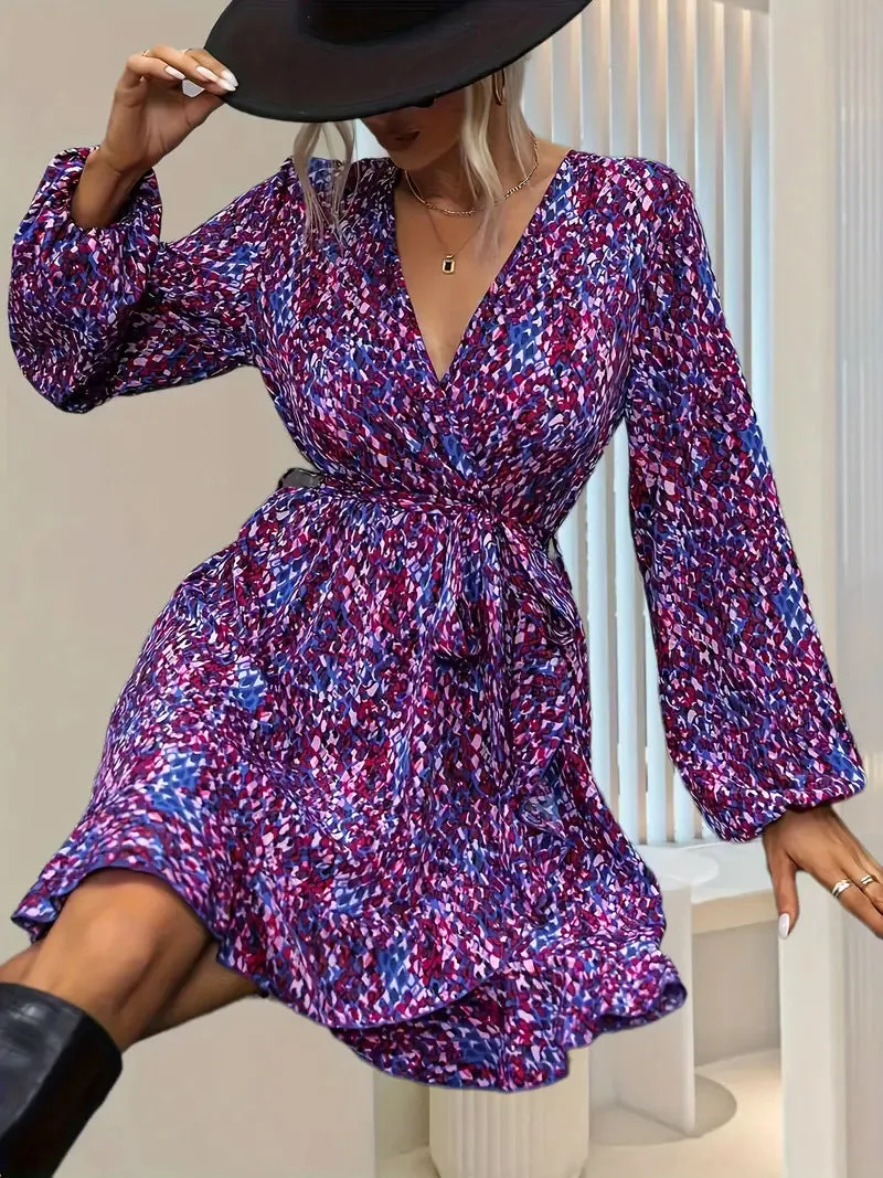Chic Elegant V-Neck Lantern Sleeve Leopard Print Dress for a Bold Yet Sophisticated Look