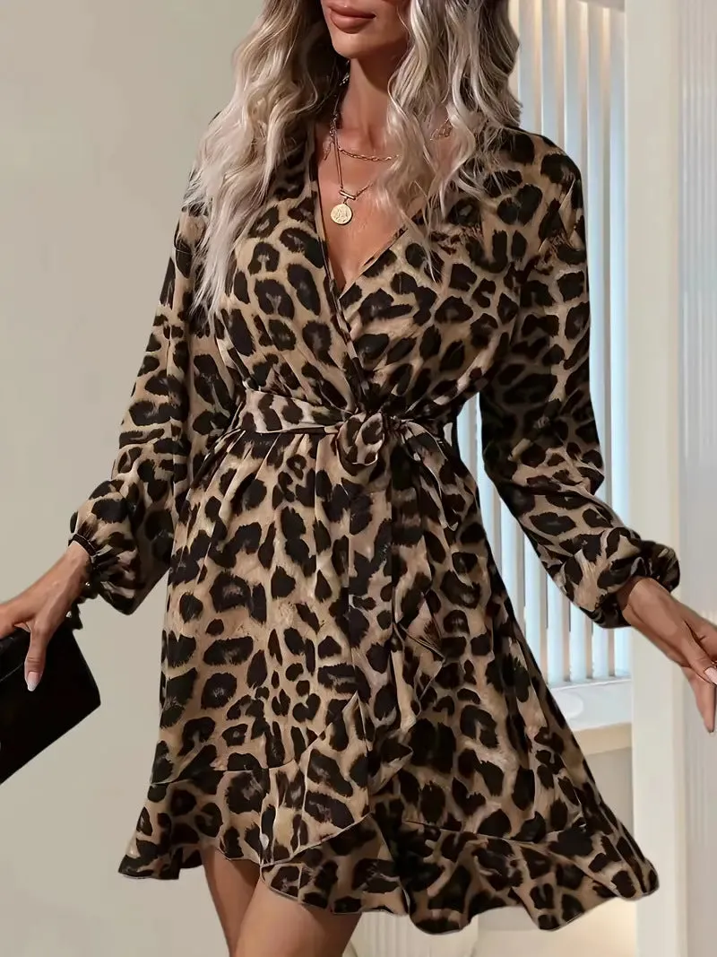 Chic Elegant V-Neck Lantern Sleeve Leopard Print Dress for a Bold Yet Sophisticated Look