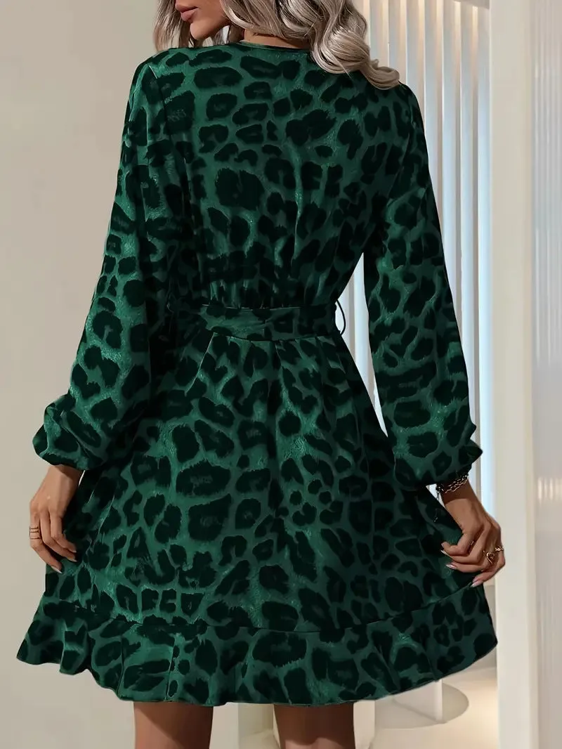 Chic Elegant V-Neck Lantern Sleeve Leopard Print Dress for a Bold Yet Sophisticated Look