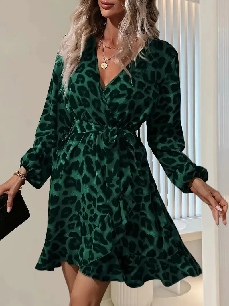 Chic Elegant V-Neck Lantern Sleeve Leopard Print Dress for a Bold Yet Sophisticated Look