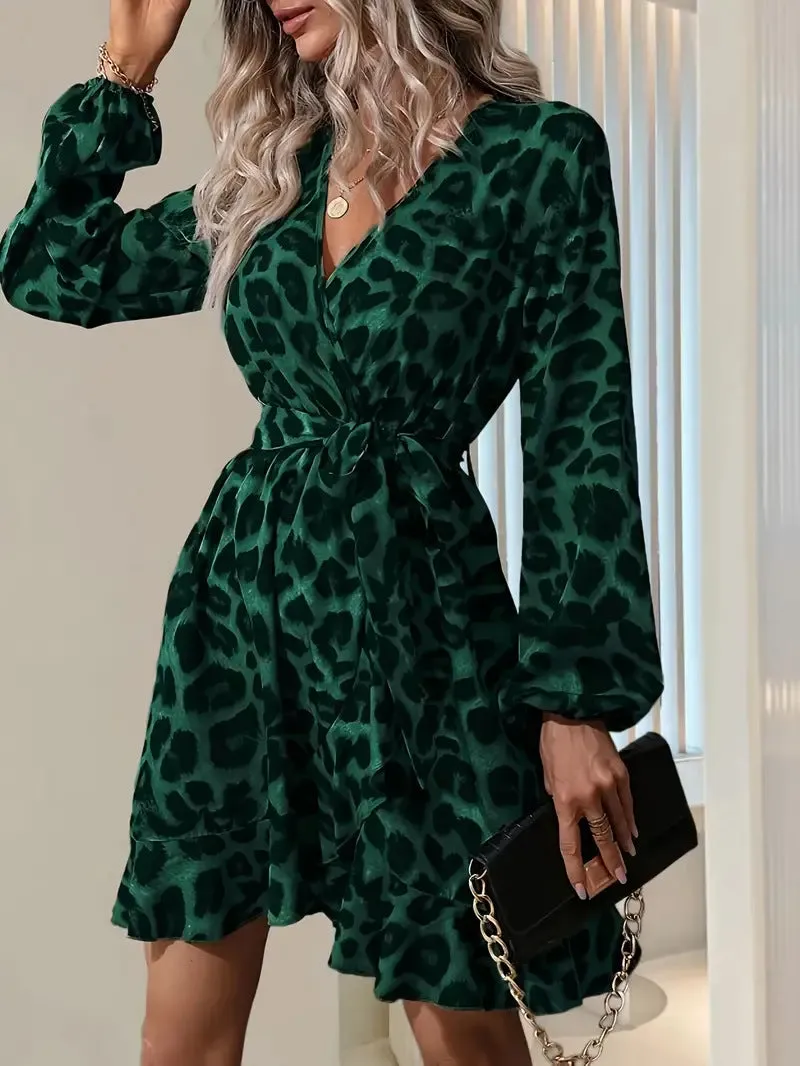 Chic Elegant V-Neck Lantern Sleeve Leopard Print Dress for a Bold Yet Sophisticated Look