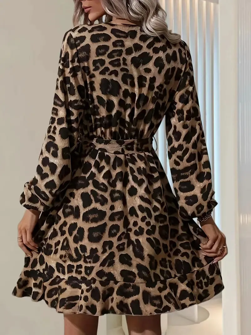 Chic Elegant V-Neck Lantern Sleeve Leopard Print Dress for a Bold Yet Sophisticated Look