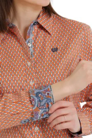 Cinch Women's Button-Down Western Shirt - Orange/Cream