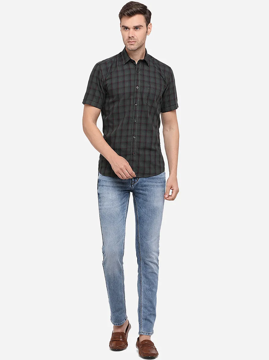 Dark Green Checked Slim Fit Semi Casual Shirt | Greenfibre