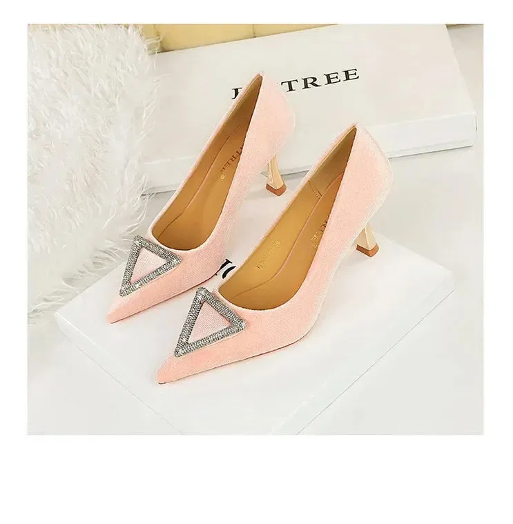Designer Women Heels Prom Pumps Lady Velvet Pointed Toe 7cm Thin High Heels Pearl Crystal Buckle Shoes