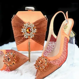 Doershow nice African Shoes And Bag Matching Set With ORANGE Hot Selling Women Italian Shoes And Bag Set For Wedding  HGH1-13