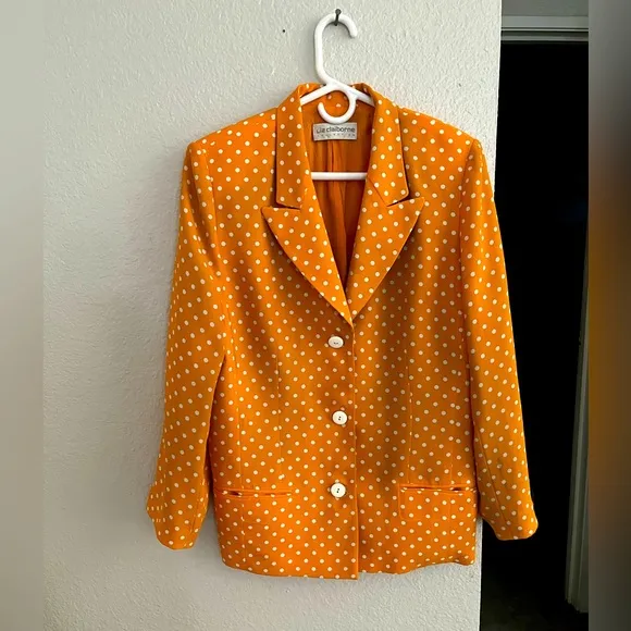 Elegant Orange Suit Jacket With White Polka Dots- 2 Front Pockets