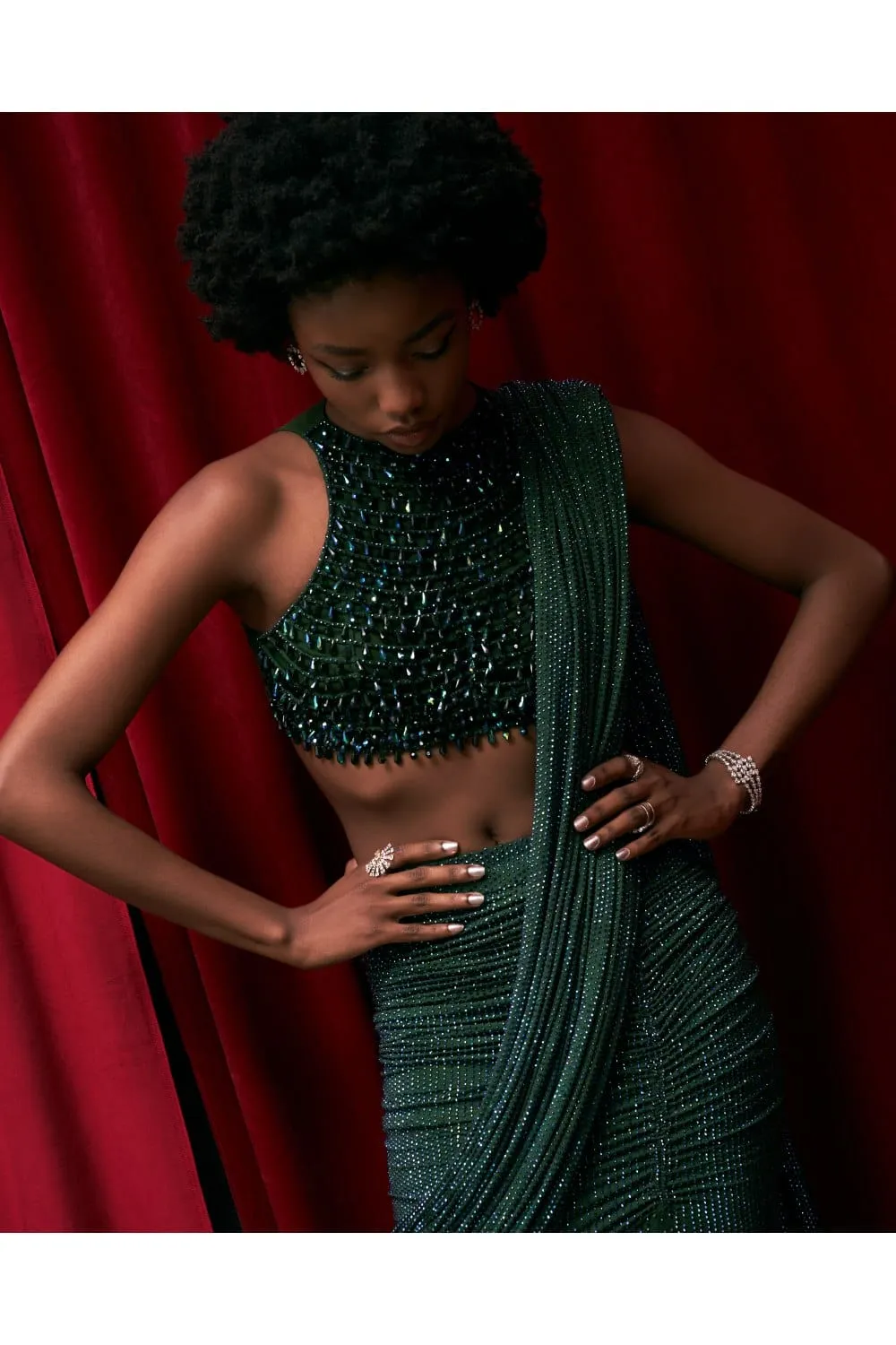 Emerald Green Jersey Crystal Embellished Ruched Skirt Saree Set