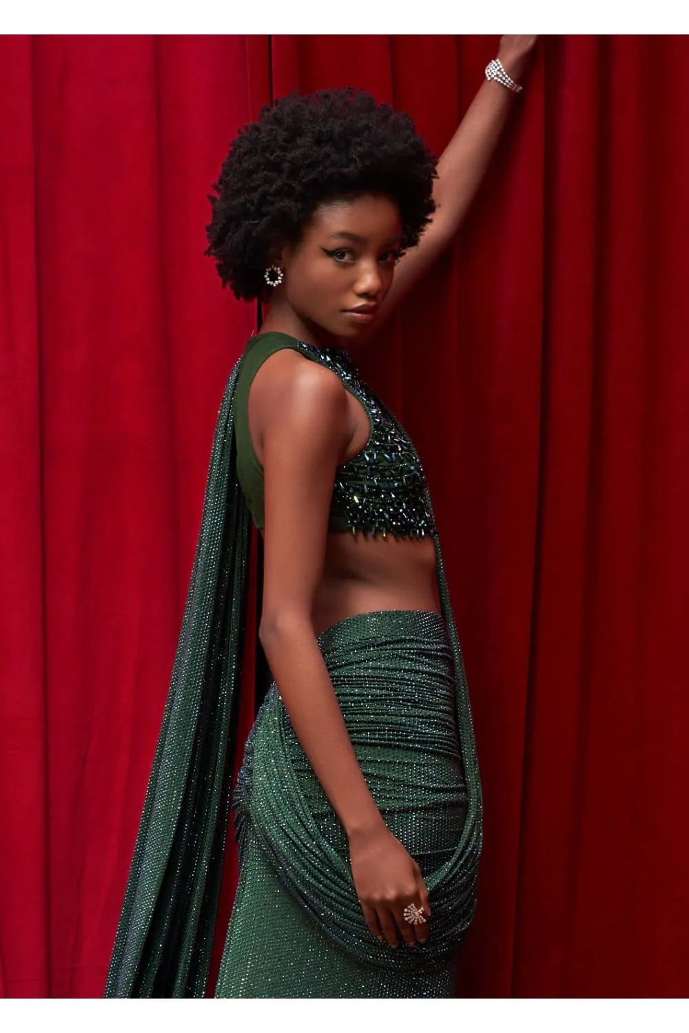 Emerald Green Jersey Crystal Embellished Ruched Skirt Saree Set