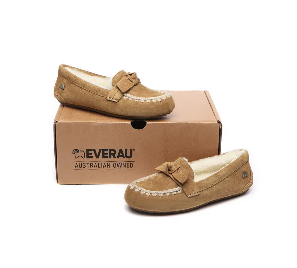 EVERAU® UGG Women Sheepskin Wool Bow Ankle Slippers Woven Moccasins