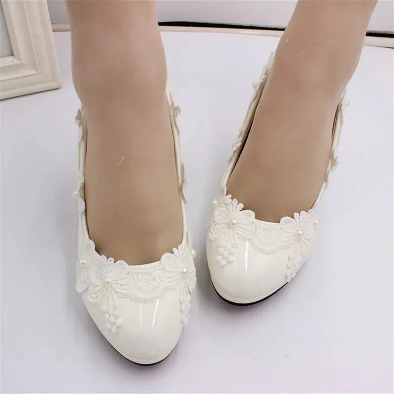 Fashion high heel PU single lace wedding shoes waterproof platform women's shoes