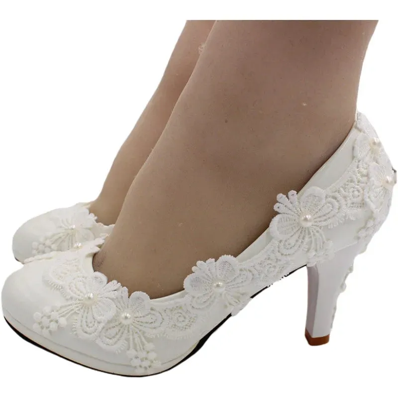 Fashion high heel PU single lace wedding shoes waterproof platform women's shoes